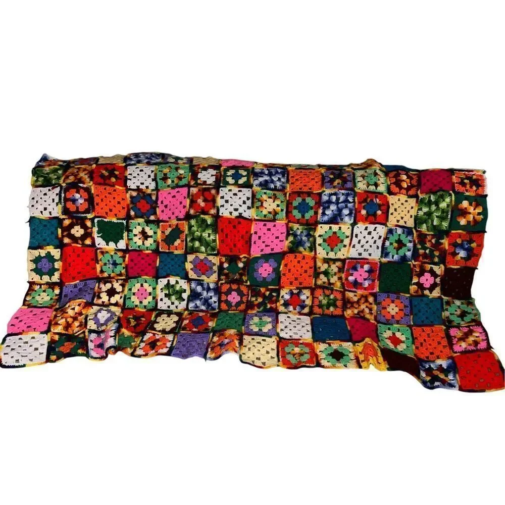Afghan Crochet quirky Granny Square 66x38 Blanket Handmade Throw colorful floral